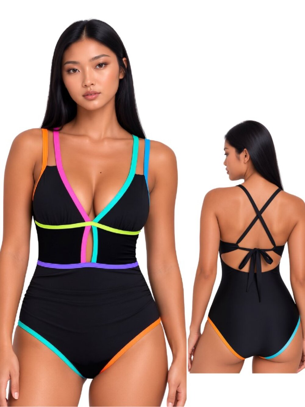 POPVIL Large Black Neon Color Block V-Neck Tummy Control One Piece Swimsuit NWT